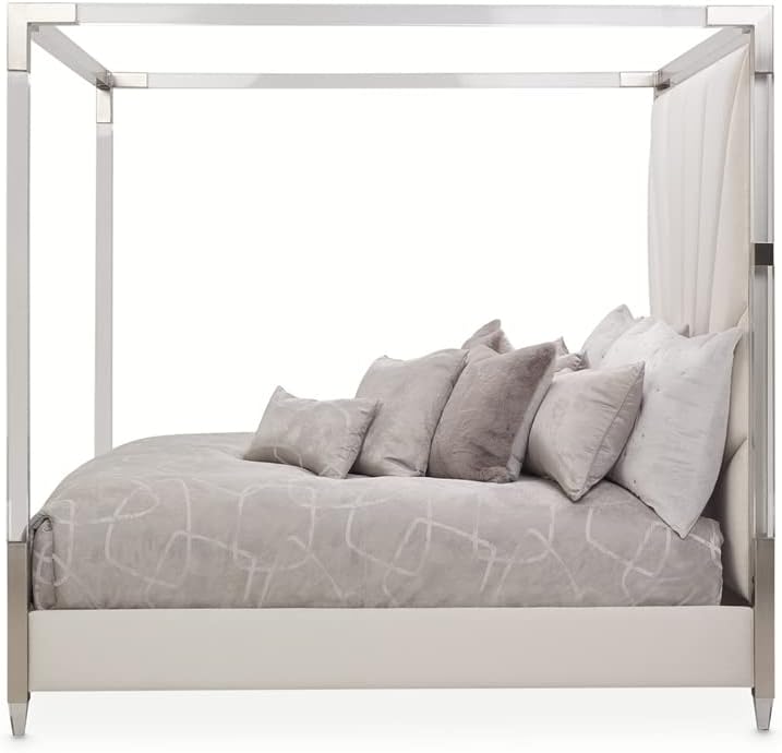 Michael Amini Lanterna Wood  King Tufted Canopy Bed in Silver Mist