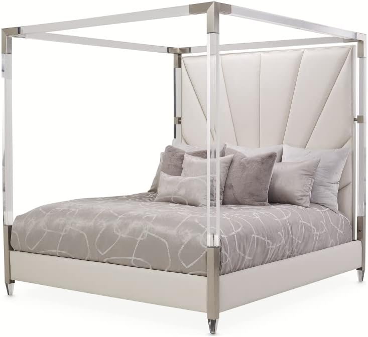 Michael Amini Lanterna Wood  King Tufted Canopy Bed in Silver Mist