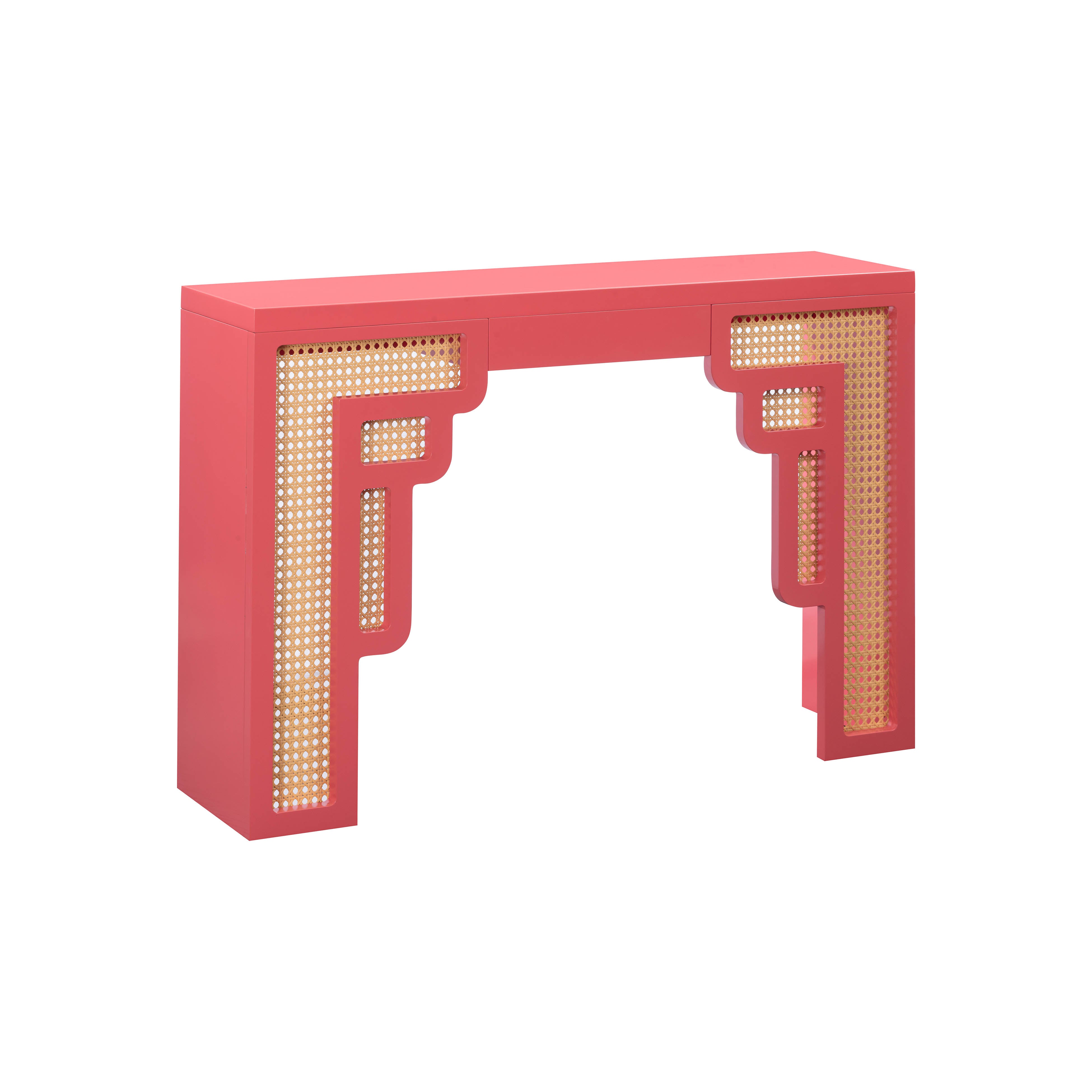 SUZIE CORAL PINK & RATTAN CONSOLE TABLE