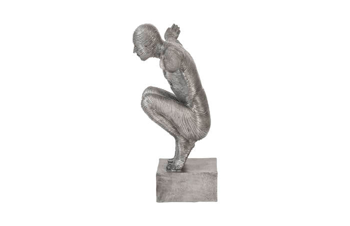 Squatting Man Sculpture, Black/Silver, Aluminum